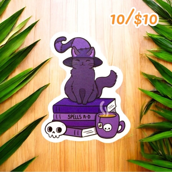 Witchy Cat & Spell Books Sticker – Purple Magic Familiar (Approx. 2”) - Picture 1 of 1